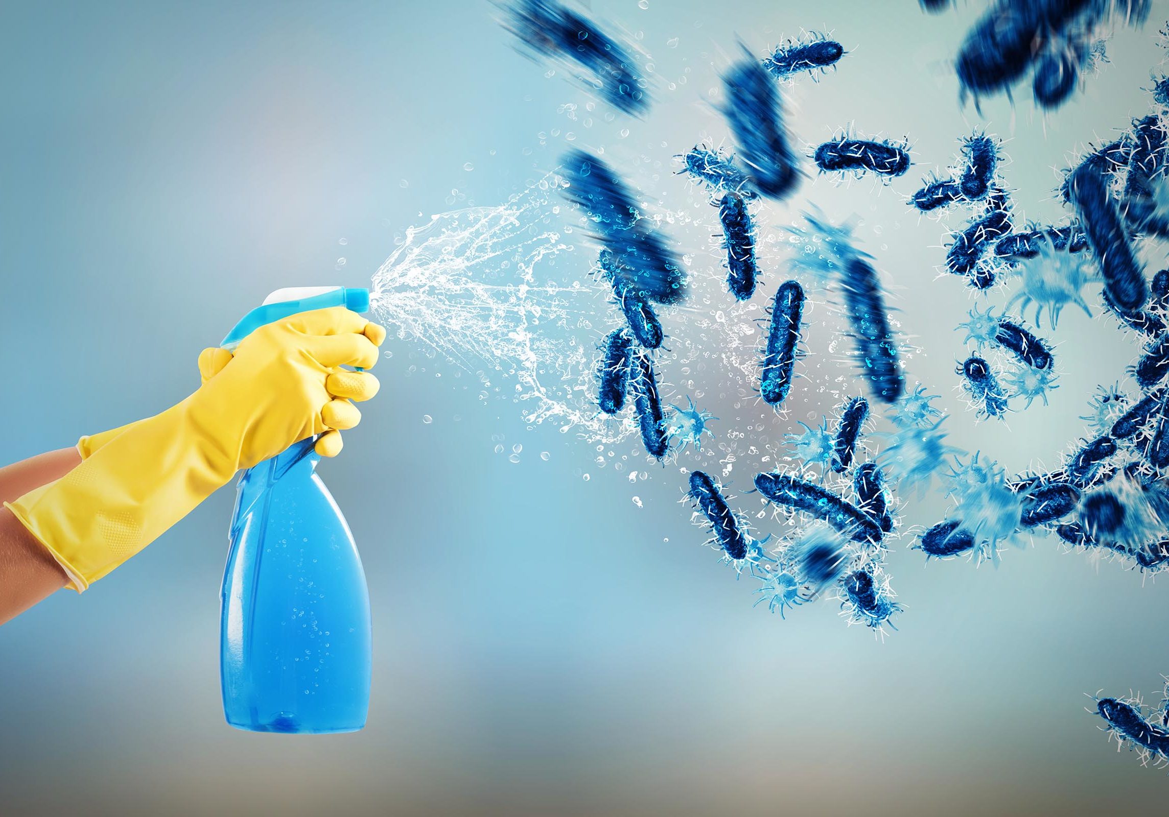 Housewife cleans determined with much cleaner spray to defeat the germs. 3D Rendering